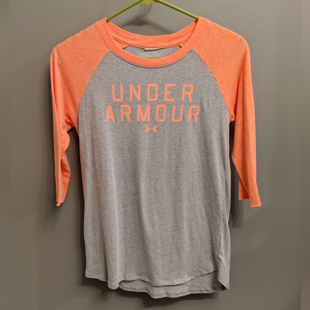 Gray and orange Under Armour quarter sleeve baseball shirt
